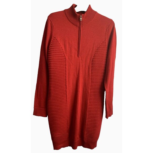 Marc NY Womens Wool Knit Red Ribbed Long Sleeved Sweater Dress 1/4Zip Size Large - Picture 2 of 11